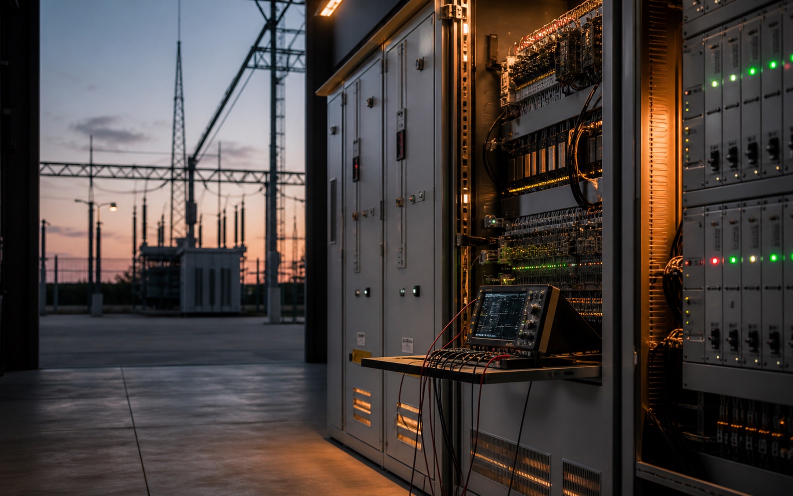 Electrical control and testing environment beside a substation