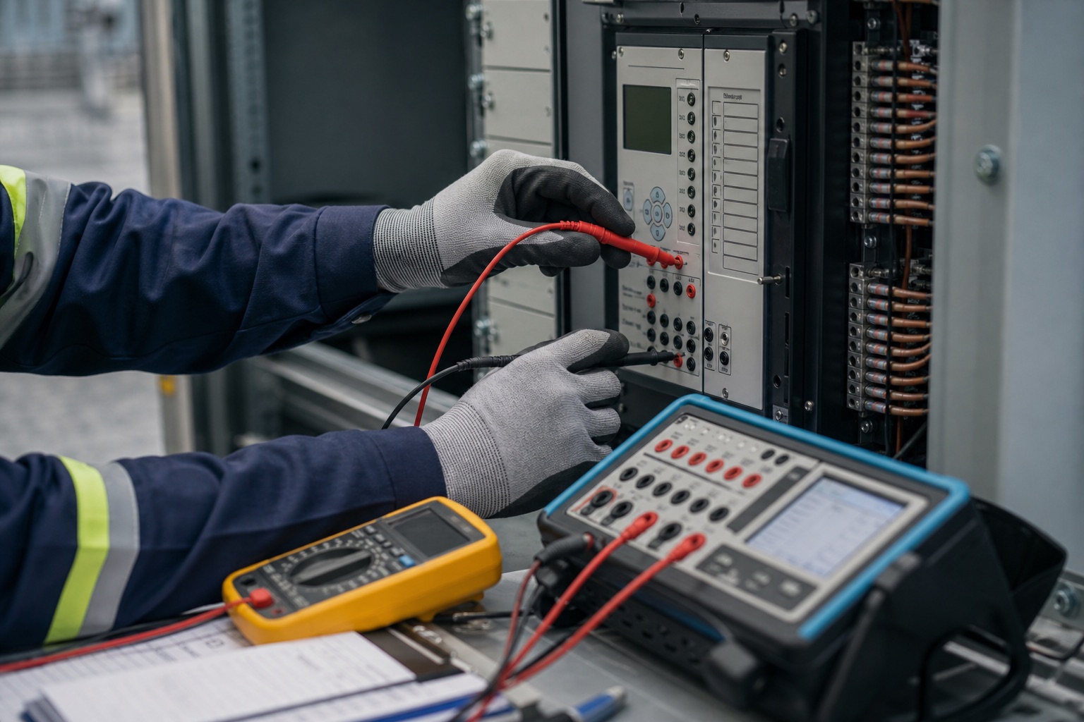 Testing work on a control and protection cabinet